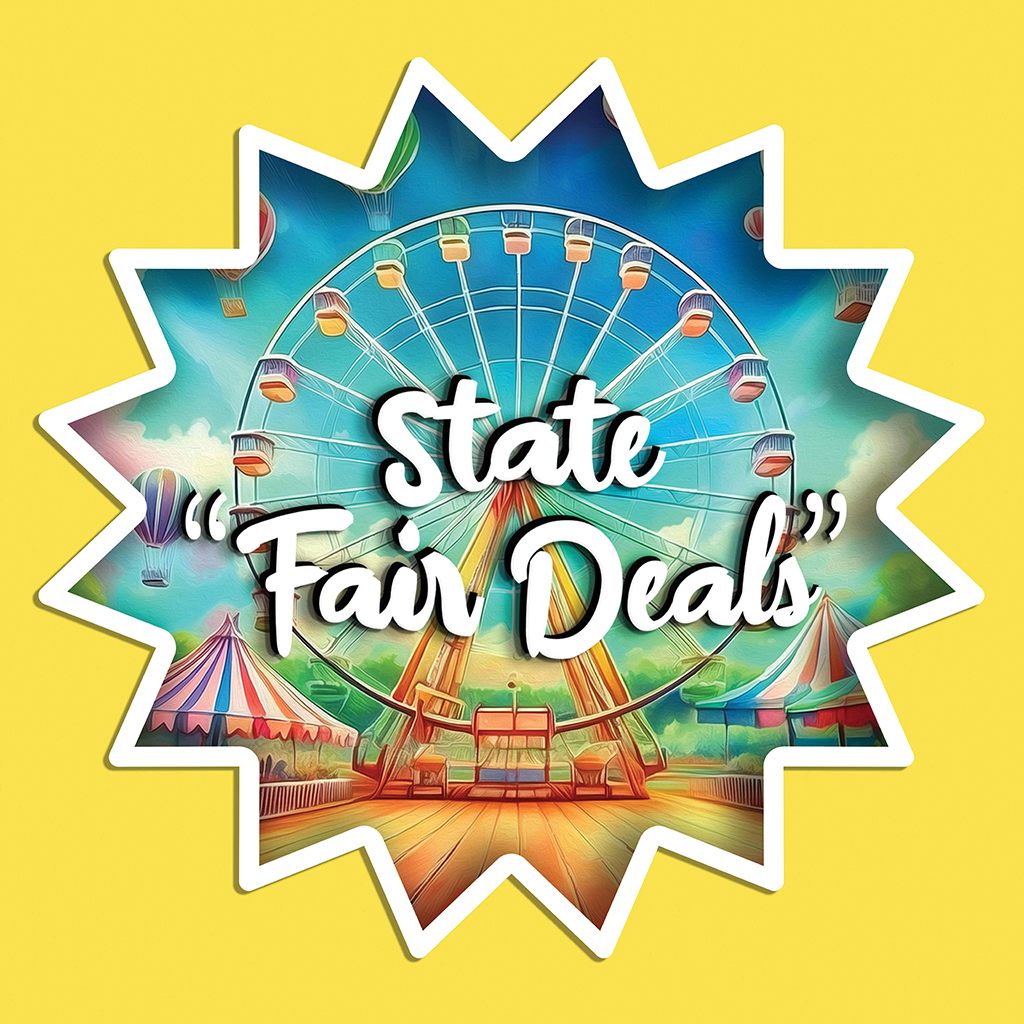 State Fair Deals starburst badge logo featuring vibrant Ferris wheel with colorful gondolas against turquoise blue sky, state fair scene with pink and white striped circus tent, hot air balloon, carnival rides, fair booths on wooden boardwalk, State Fair Deals text in large bold white script font with black shadow and quotation marks, dynamic pointed starburst frame with white border on bright yellow background, playful festive carnival aesthetic for HVAC event promotion branding emphasizing fun family entertainment and special seasonal offers