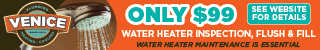 Venice Plumbing water heater service mobile banner promoting essential maintenance
