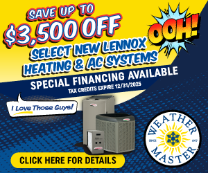 Weather Master Lennox HVAC medium rectangle banner with $3,500 savings and tax credit deadline