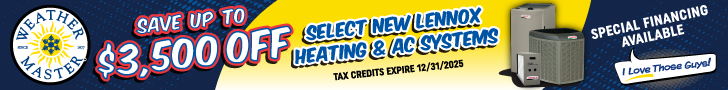 Weather Master Lennox HVAC leaderboard banner with $3,500 off promotion and special financing available