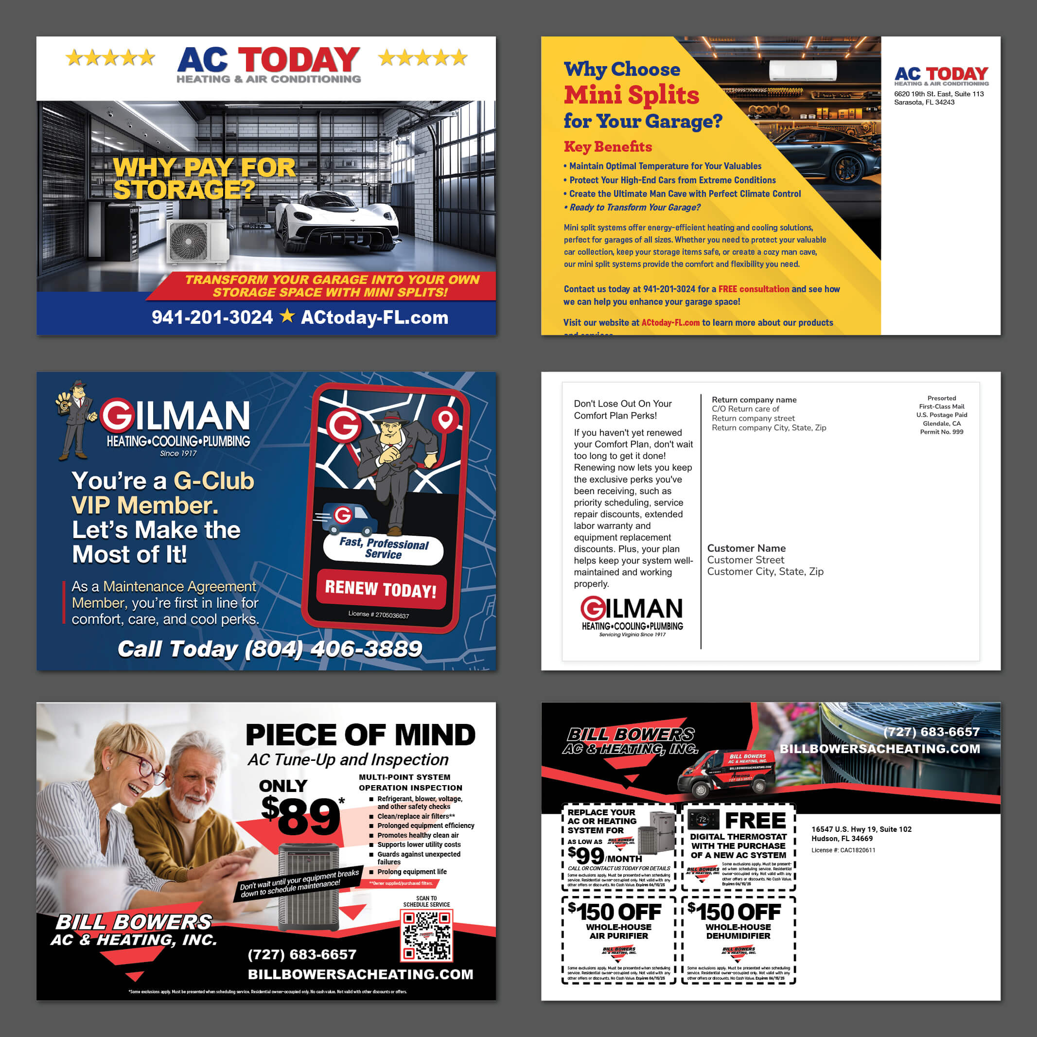 Grid showcase of 6 postcard direct mail designs for HVAC companies featuring AC Today with modern garage and white sports car promoting mini splits for garage storage transformation and key benefits for valuables protection, Gilman Heating Cooling Plumbing with dark blue G-Club VIP member renewal featuring cartoon mascot and shield logo plus white postcard back with customer address fields and comfort plan perks reminder, Bill Bowers AC & Heating with happy senior couple promoting $89 piece of mind AC tune-up and inspection plus black and red design with service van featuring $99 per month AC or heating system replacement free digital thermostat $150 off whole-house air purifier and dehumidifier coupons, professional postcard designs demonstrating front and back layouts with promotional offers company branding contact information and direct mail marketing best practices for home services advertising