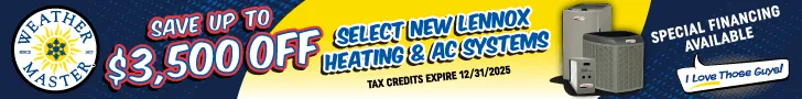 Weather Master Lennox HVAC leaderboard banner with $3,500 off promotion and special financing available
