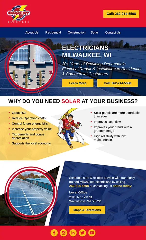Hand-coded HTML responsive email for Current Electric featuring solar panel services, electrician services in Milwaukee WI, with hero section, benefits list, contact information, and social media links