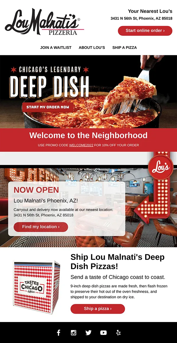 Hand-coded HTML responsive new customer prospect email for Lou Malnati's Pizzeria featuring Chicago's legendary deep-dish pizza, welcome promotion with WELCOME2022 promo code for 10% off, new Phoenix AZ location announcement at 3431 N 56th St with carryout and delivery, nationwide pizza shipping service with Tastes Like Chicago packaging, animated GIF Lou's marquee sign, multiple call-to-action buttons, and social media integration