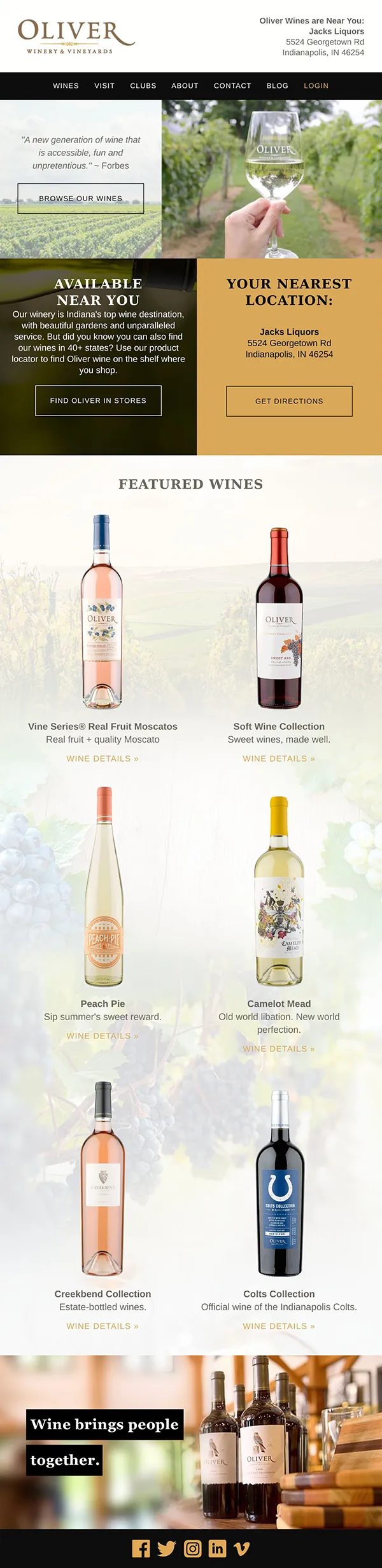 Hand-coded HTML responsive email for Oliver Winery & Vineyard featuring wine collection showcase, store locator, featured wines including Moscatos, Peach Pie, Camelot Mead, Creekbend and Colts Collection, with navigation menu, location information, and social media links