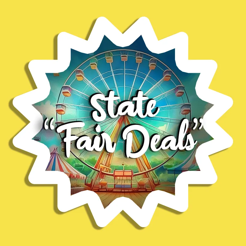 State Fair Deals starburst badge logo featuring vibrant Ferris wheel with colorful gondolas against turquoise blue sky, state fair scene with pink and white striped circus tent, hot air balloon, carnival rides, fair booths on wooden boardwalk, State Fair Deals text in large bold white script font with black shadow and quotation marks, dynamic pointed starburst frame with white border on bright yellow background, playful festive carnival aesthetic for HVAC event promotion branding emphasizing fun family entertainment and special seasonal offers