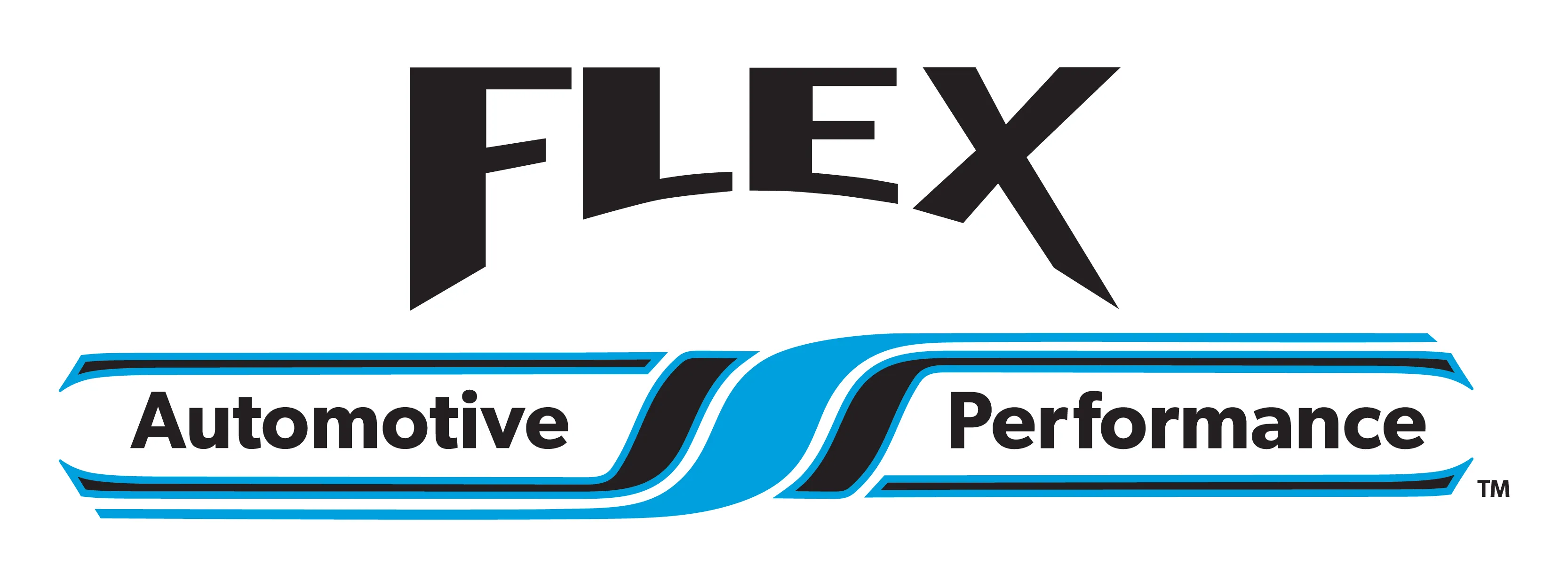 Flex Automotive Performance logo featuring bold angular FLEX text in black with sharp aggressive letterforms and extended X diagonal stroke creating dynamic racing effect, horizontal banner below with Automotive and Performance text separated by three diagonal black racing stripes, bright cyan blue accent lines above and below white banner sections, TM trademark symbol, modern sporty design emphasizing speed power and precision for automotive performance and restoration shop with racing-inspired visual elements