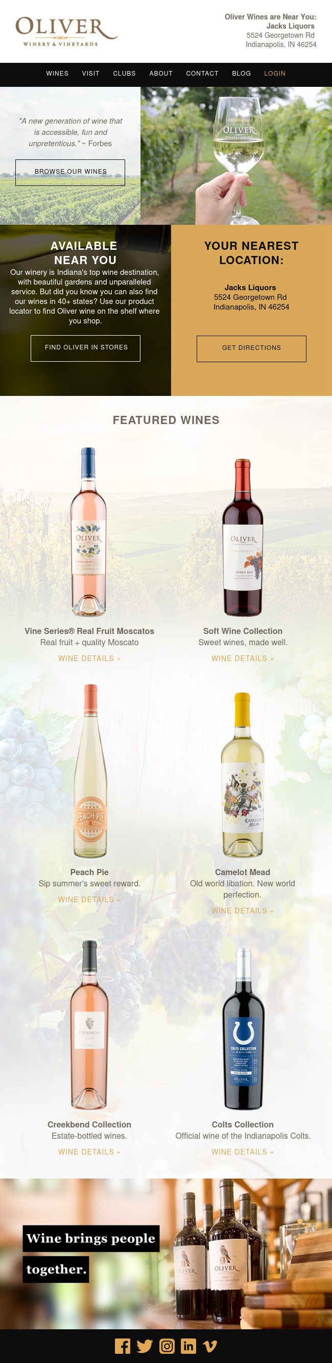 Hand-coded HTML responsive email for Oliver Winery & Vineyard featuring wine collection showcase, store locator, featured wines including Moscatos, Peach Pie, Camelot Mead, Creekbend and Colts Collection, with navigation menu, location information, and social media links