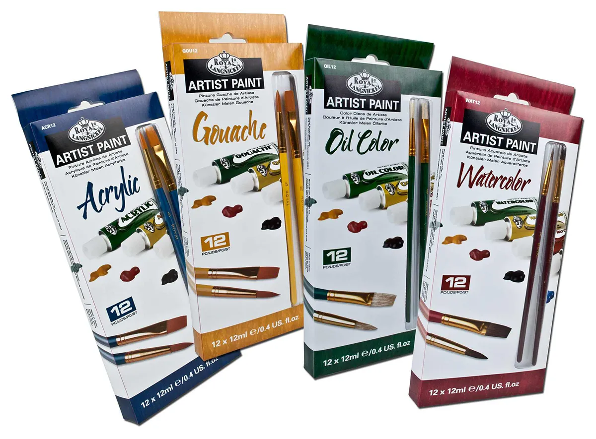 Royal & Langnickel Artist Paint retail packaging lineup featuring four color-coded boxes for different paint mediums, dark blue Acrylic box, orange-tan Gouache box, dark green Oil Color box, and burgundy Watercolor box, each displaying 12-piece paint tube sets with brushes and color swatches, consistent Royal & Langnickel crown logo branding across the product line, professional retail packaging design demonstrating cohesive visual identity system for art supplies