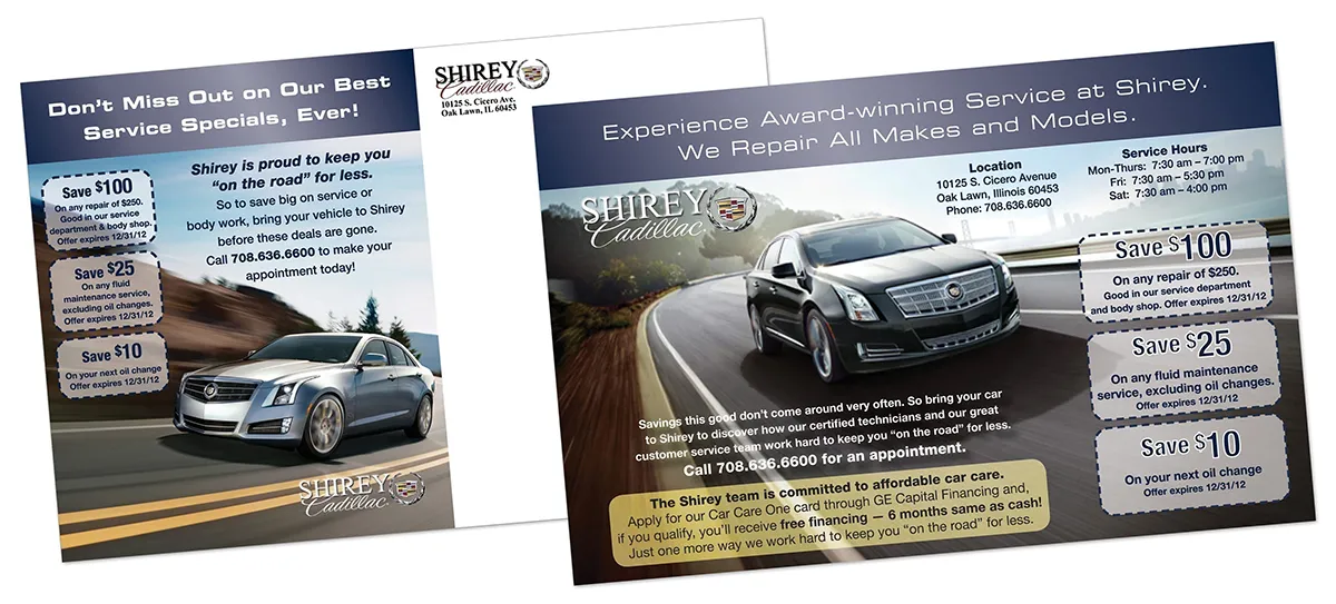 Shirey Cadillac service special self-mailer featuring Cadillac vehicle in motion, tiered savings coupons for $100 $25 and $10 off service, award-winning service messaging, location and hours information, GE Capital financing promotion, blue and white color scheme with dynamic photography
