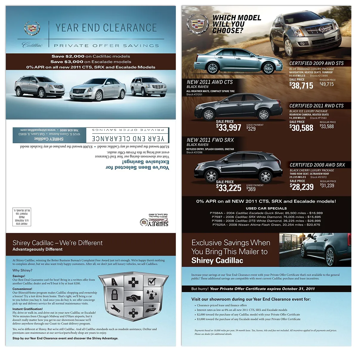 Shirey Cadillac Year End Clearance direct mail piece featuring multiple panels with Cadillac CTS SRX and Escalade vehicles, private offer savings messaging, pricing for new and certified pre-owned models, 0% APR financing promotion, dark blue header with Cadillac logo and gold accents