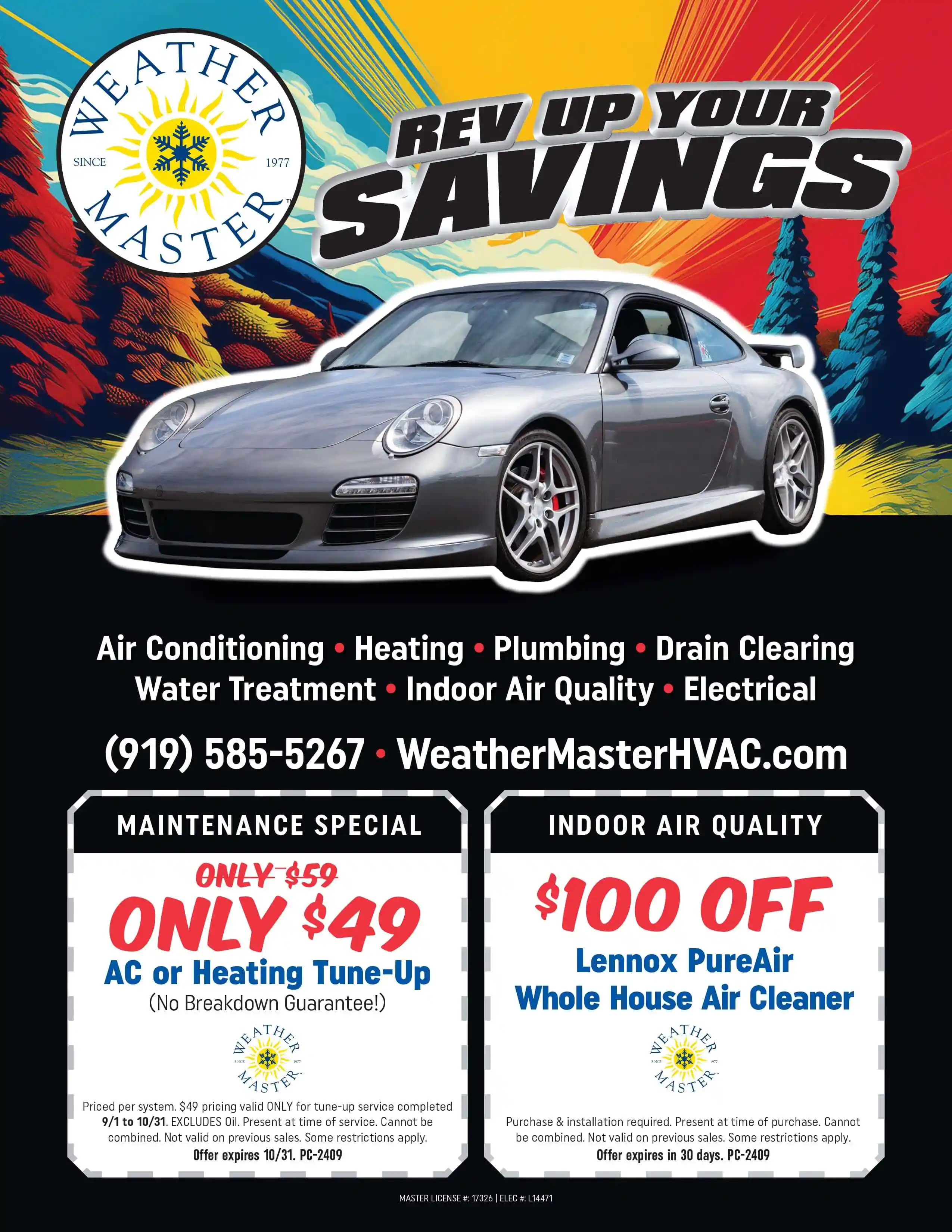 Grid showcase of 12 AI-generated advertising designs for Weather Master HVAC services featuring diverse creative approaches including retro-style illustrations of people with tankless water heaters, rubber duck in bathtub, comic-style WOW burst graphics, silver Porsche 911 with seasonal backgrounds (autumn foliage, racing checkered flags, comic smoke clouds), colorful halftone patterns, vibrant yellow blue orange red color schemes, HOT WATER ON DEMAND and SAVE UP TO $700 OFF promotional text, REV UP YOUR SAVINGS FAST TRACK TO SAVINGS AGGRESSIVE SAVINGS COOL RIDES WARM VIBES taglines, Weather Master circular sun compass logo, Google Reviews badges, service listings for Air Conditioning Heating Plumbing Drain Clearing Water Treatment Indoor Air Quality Electrical, demonstrating versatile AI-powered creative advertising campaign variations for home services marketing
