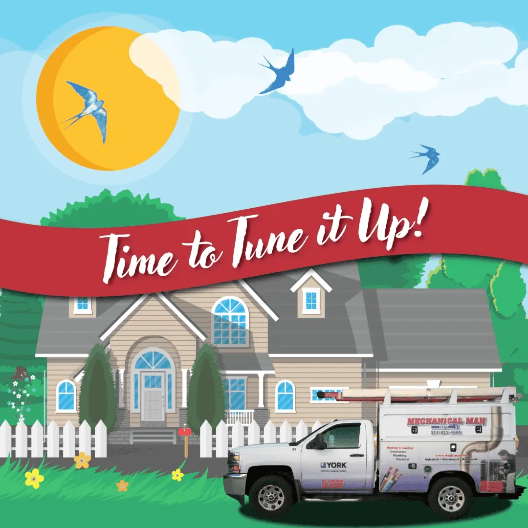Mechanical Man —
"Time to Tune it Up!" [mbr]Video Ad thumbnail - Facebook spot for a $50-off heating tune-up offer — illustrated cartoon styling and a soft, cheerful palette designed to land the offer in a friendly, storybook register rather than an urgent or promotional one. - Facebook video ad campaign