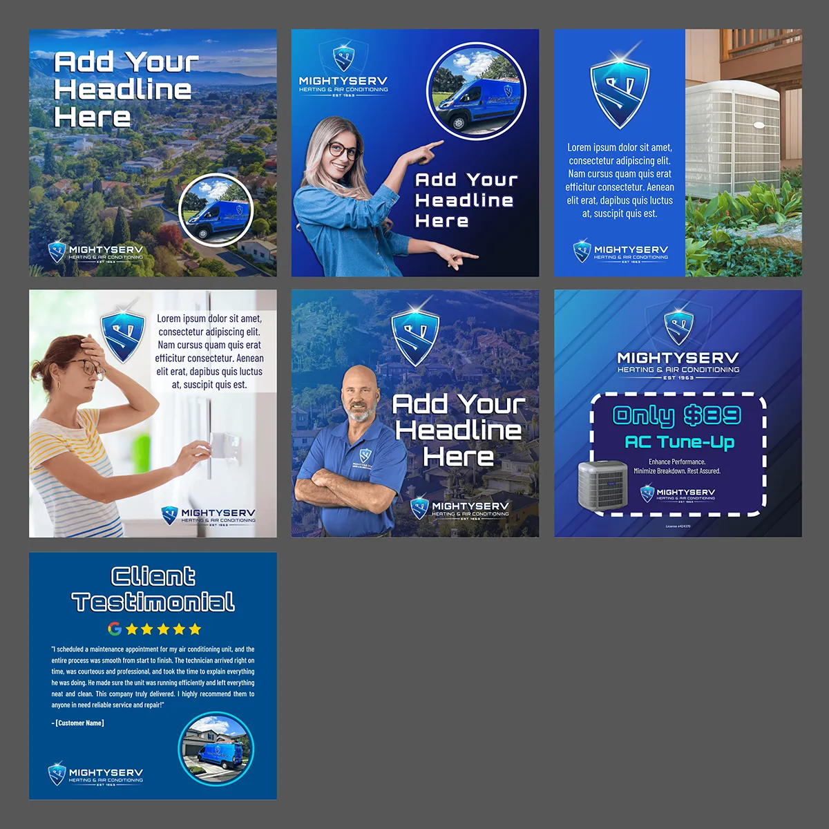 Grid showcase of 7 MightyServ HVAC social media marketing templates featuring blue gradient color scheme with neon cyan turquoise accents, MightyServ shield logo with HEATING & AIR CONDITIONING EST 1963 text, service van imagery, professional HVAC technician photos, AC unit equipment shots, Add Your Headline Here placeholder text, $89 AC Tune-Up promotional pricing, Client Testimonial design with Google 5-star review, consistent modern corporate branding across all template variations for home services social media marketing