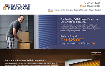The Eastlake Self Storage website preview featuring man carrying box with blue storage unit doors, The Leading Self Storage Experts in Chula Vista and Beyond headline, Refer a Friend Get $25 OFF promotion with orange CTA, Personal & Business Self Storage Units section, professional self-storage website design with orange accent colors emphasizing customer service and promotional offers