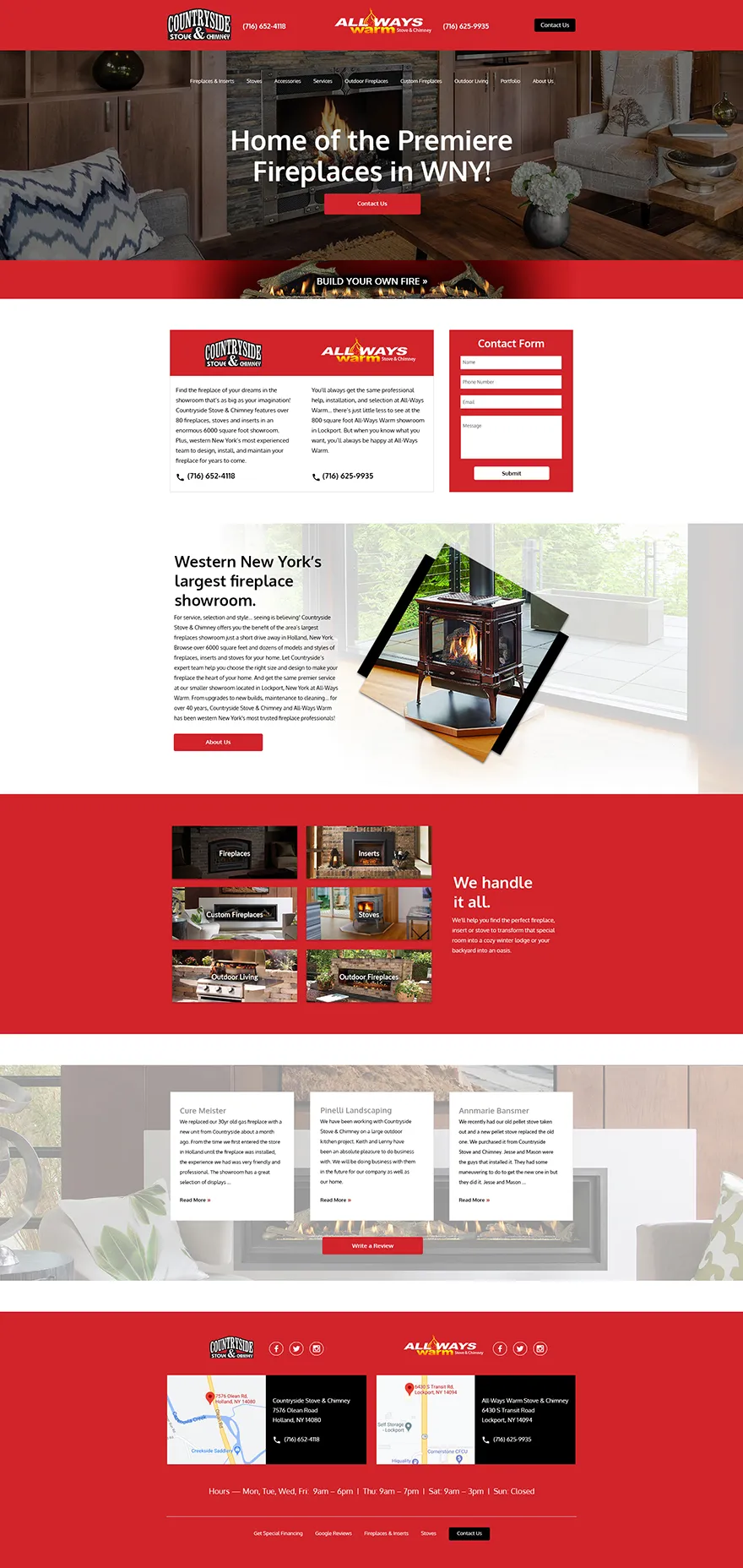 Countryside Stove & Chimney website preview featuring cozy living room with modern fireplace, comfortable seating, warm lighting, Home of the Premiere Fireplaces in WNY headline, three-column layout with Countryside and ALL WAYS branding, red contact form with name email phone message fields, professional home services website design emphasizing quality fireplaces and customer service
