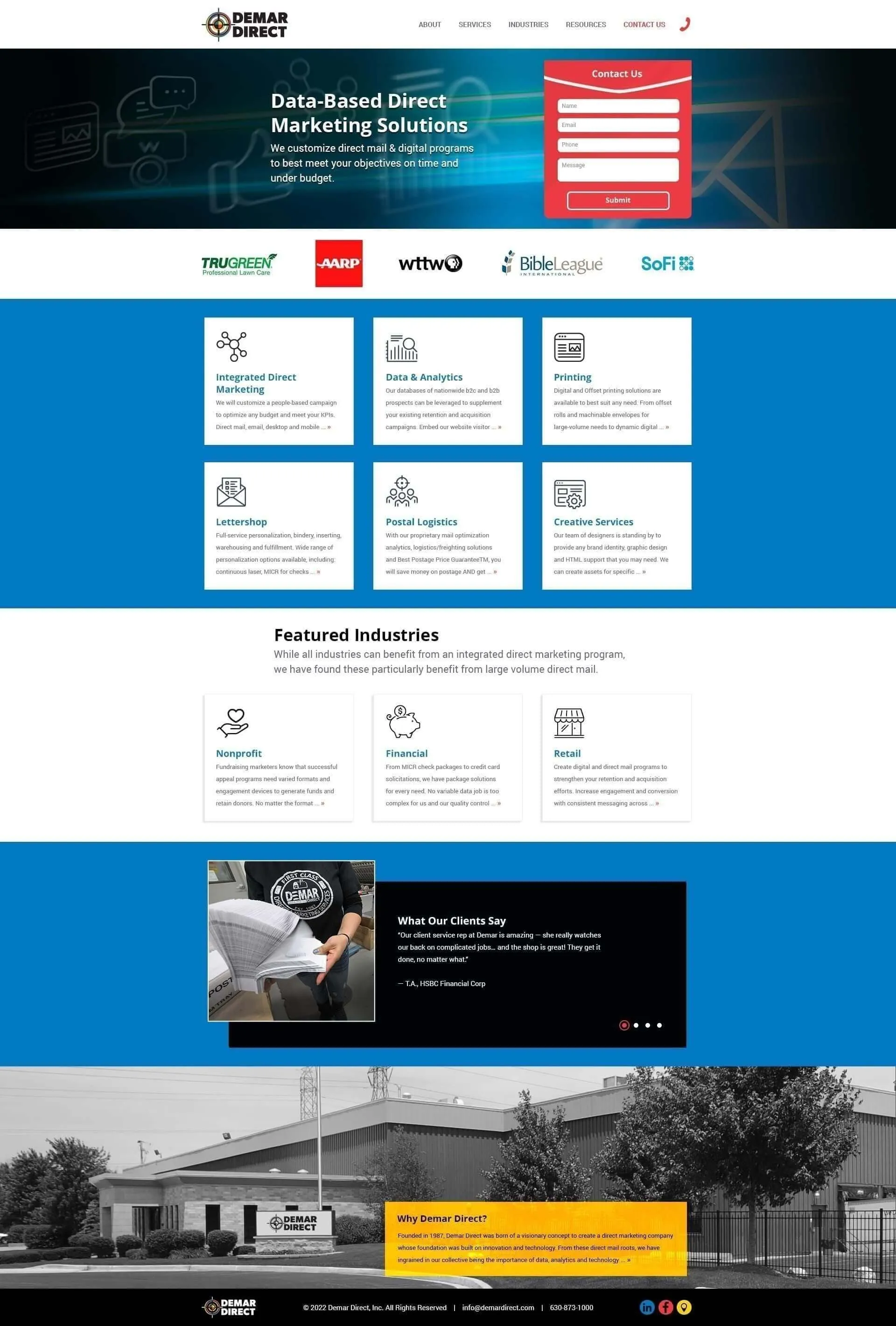 Demar Direct website homepage featuring Data-Based Direct Marketing Solutions headline with blue header navigation, contact form, client logos including TruGreen AARP wttw Bible League and SoFi, six service cards for Integrated Direct Marketing Data Analytics Printing Lettershop Postal Logistics and Creative Services, Featured Industries section with Nonprofit Financial and Retail, client testimonial carousel, and blue footer with company facility image