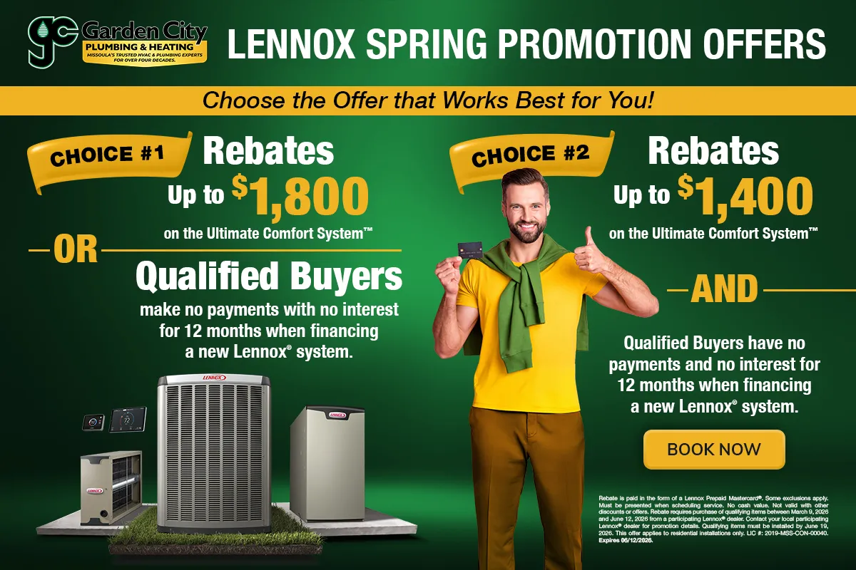 Garden City Plumbing and Heating Lennox Spring Promotion Offers homepage banner featuring green gradient background with GC logo, Choose the Offer that Works Best for You headline, Choice 1 rebates up to $1800 on Ultimate Comfort System or qualified buyers no payments no interest for 12 months financing new Lennox system, Choice 2 rebates up to $1400 and no payments no interest for 12 months, smiling man in yellow shirt with green sweater giving thumbs up, Lennox HVAC equipment including AC units furnace and thermostat, Book Now CTA button in gold