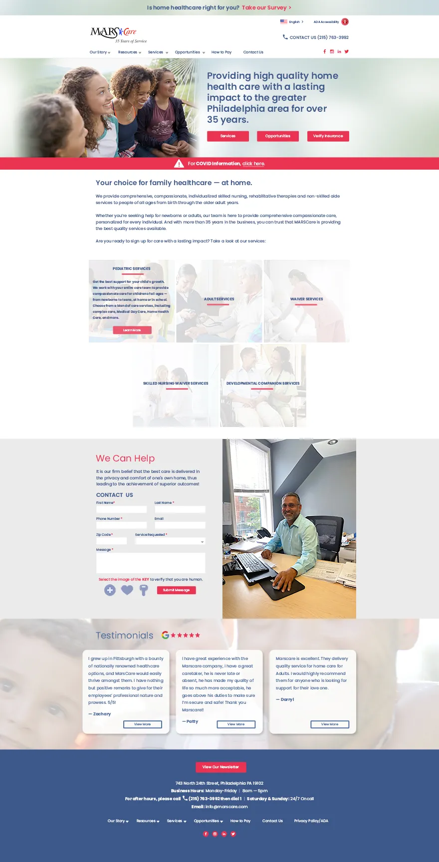 MARSCare home health care website preview featuring three smiling women in warm outdoor setting with natural lighting, conveying personal multi-generational care, professional healthcare services, warmth and connection for home health care brand identity