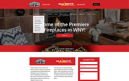 Countryside Stove & Chimney website preview featuring cozy living room with modern fireplace, comfortable seating, warm lighting, Home of the Premiere Fireplaces in WNY headline, three-column layout with Countryside and ALL WAYS branding, red contact form with name email phone message fields, professional home services website design emphasizing quality fireplaces and customer service